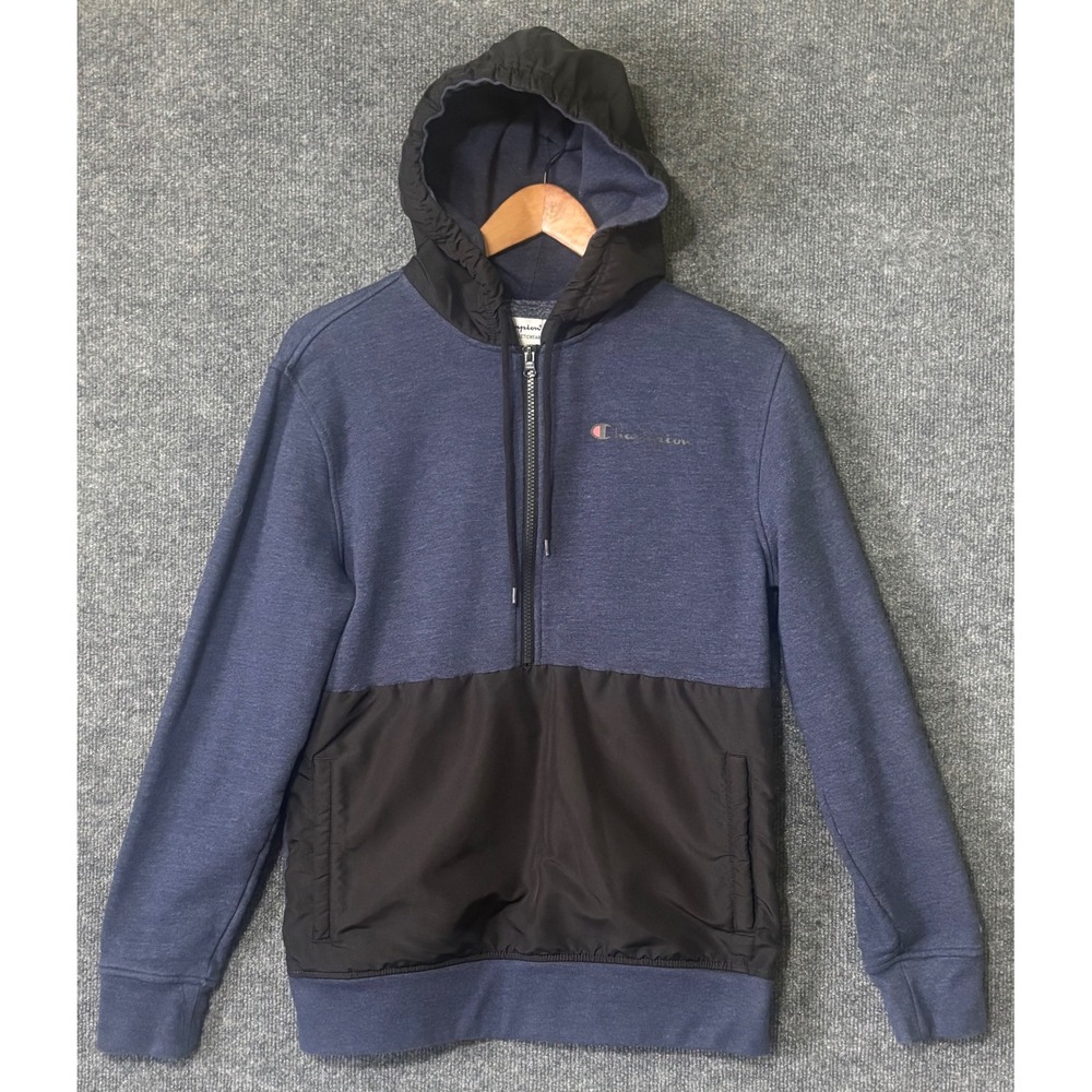 Champion Mens S Hoodie Blue‎ Black Colorblock Half Zip Windbreaker Hybrid